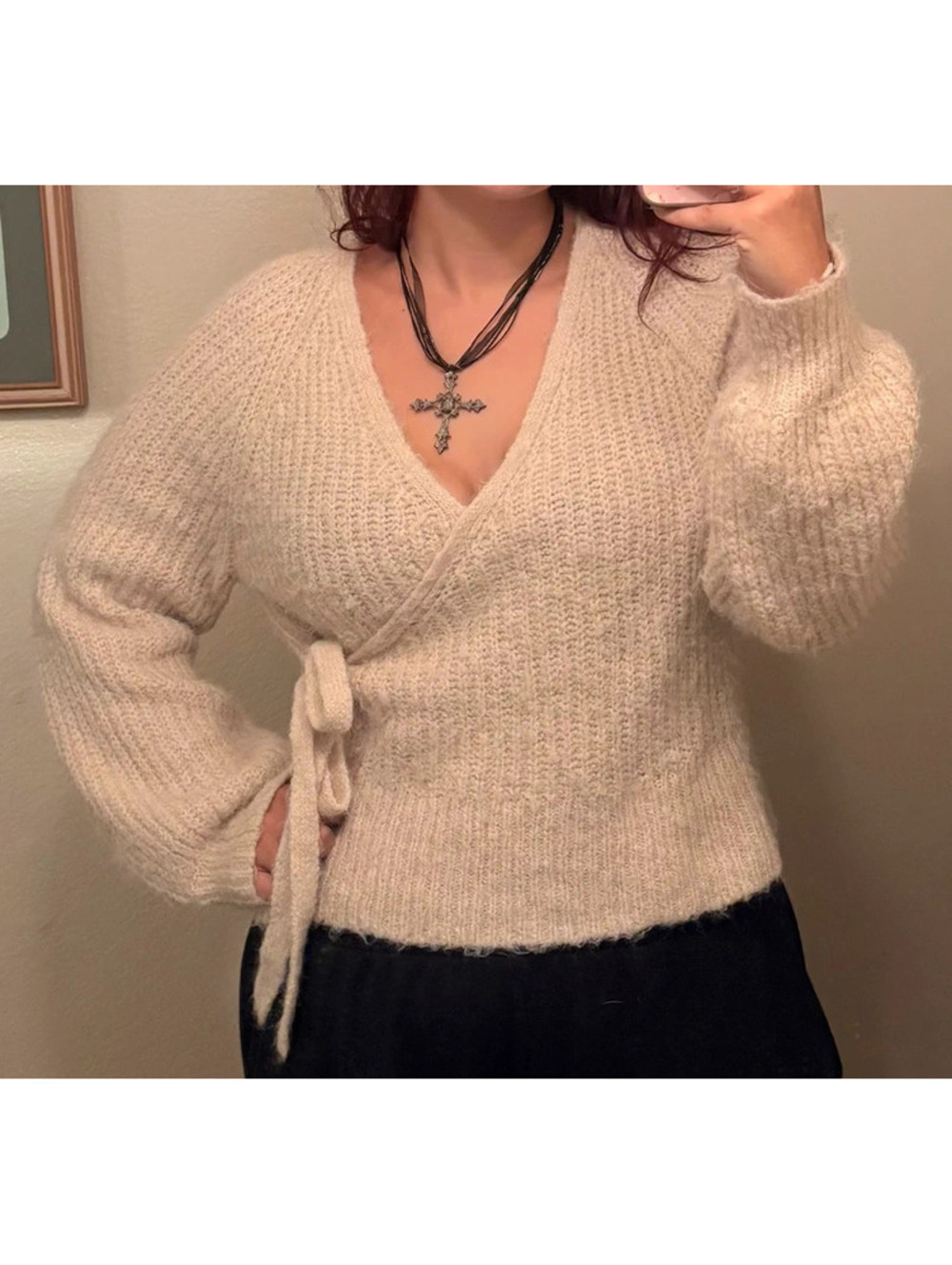 Express Cream Fall Chic Clean girl v neck crossover sweater with tie